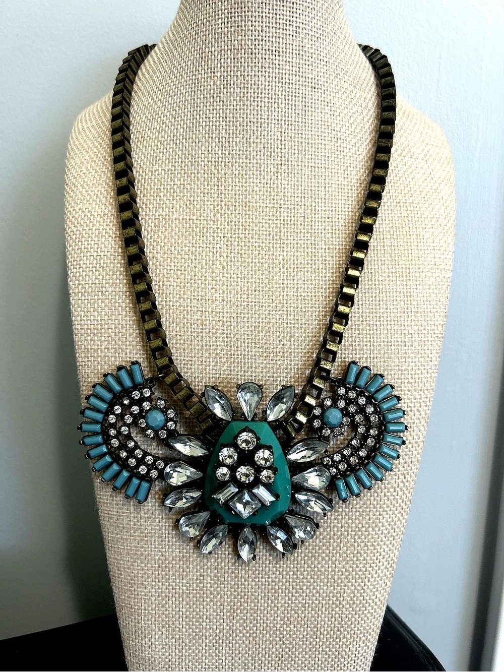 Turquoise Statement Necklace Rhinestone Bib Necklace Antique Gold Tone Boho Glam